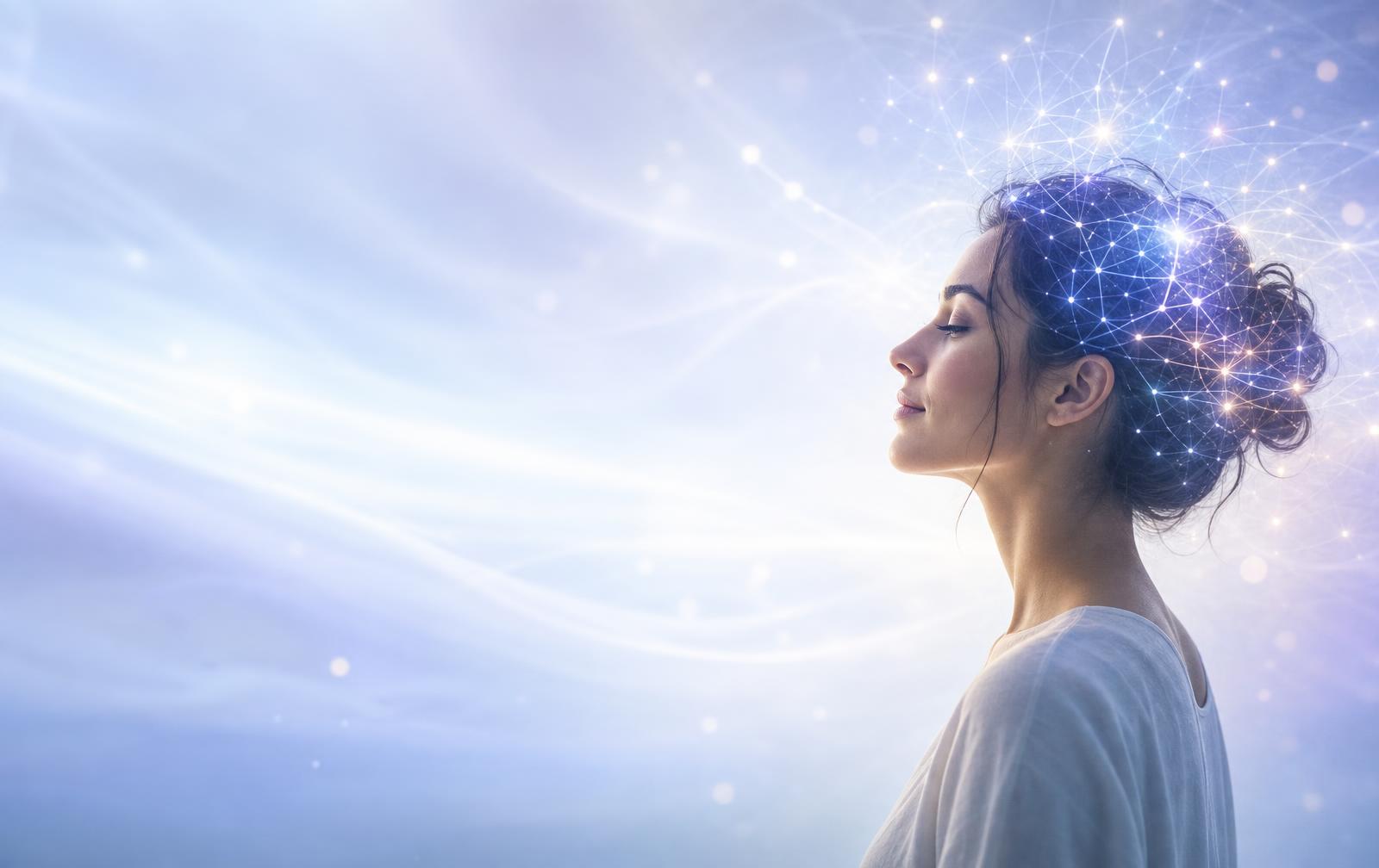 A calm person with glowing neural pathways representing subconscious clarity